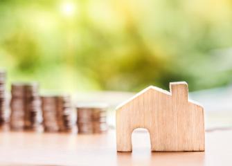 Kuvituskuva, jossa puinen talokoriste ja taustalla kolikkopinoja.