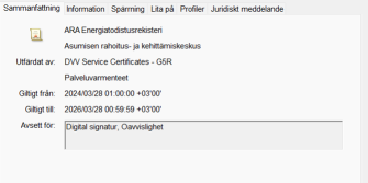 I underteckningsppgifterna i energicertifikat undertecknade genom suomi.fi-indentifiering syns Energiregistrets certifikatinformation.