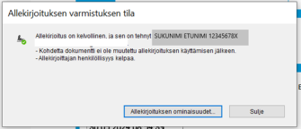 Henkilökortilla allekirjoitetun todistuksen allekirjoitustiedot pdf-tiedostossa. Tiedoissa näkyy allekirjoittajan nimi ja tunnus.