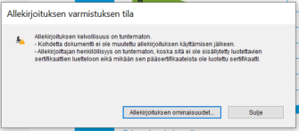 Suomi.fi-tunnistautumisen kautta tehty allekirjoitus on pätevä, vaikka pdf-tiedostossa näkyy teksti "Allekirjoituksen kelvollisuus on tuntematon".