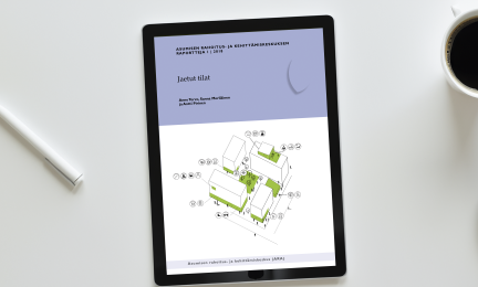 Jaetut tilat -julkaisun kansilehti näkyy työpöydällä olevan tablettitietokoneen ruudulla.